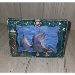 Pewter And Enamel Nautical Dolphins Picture Frame 3.5x 5 Lighthouse Seagulls